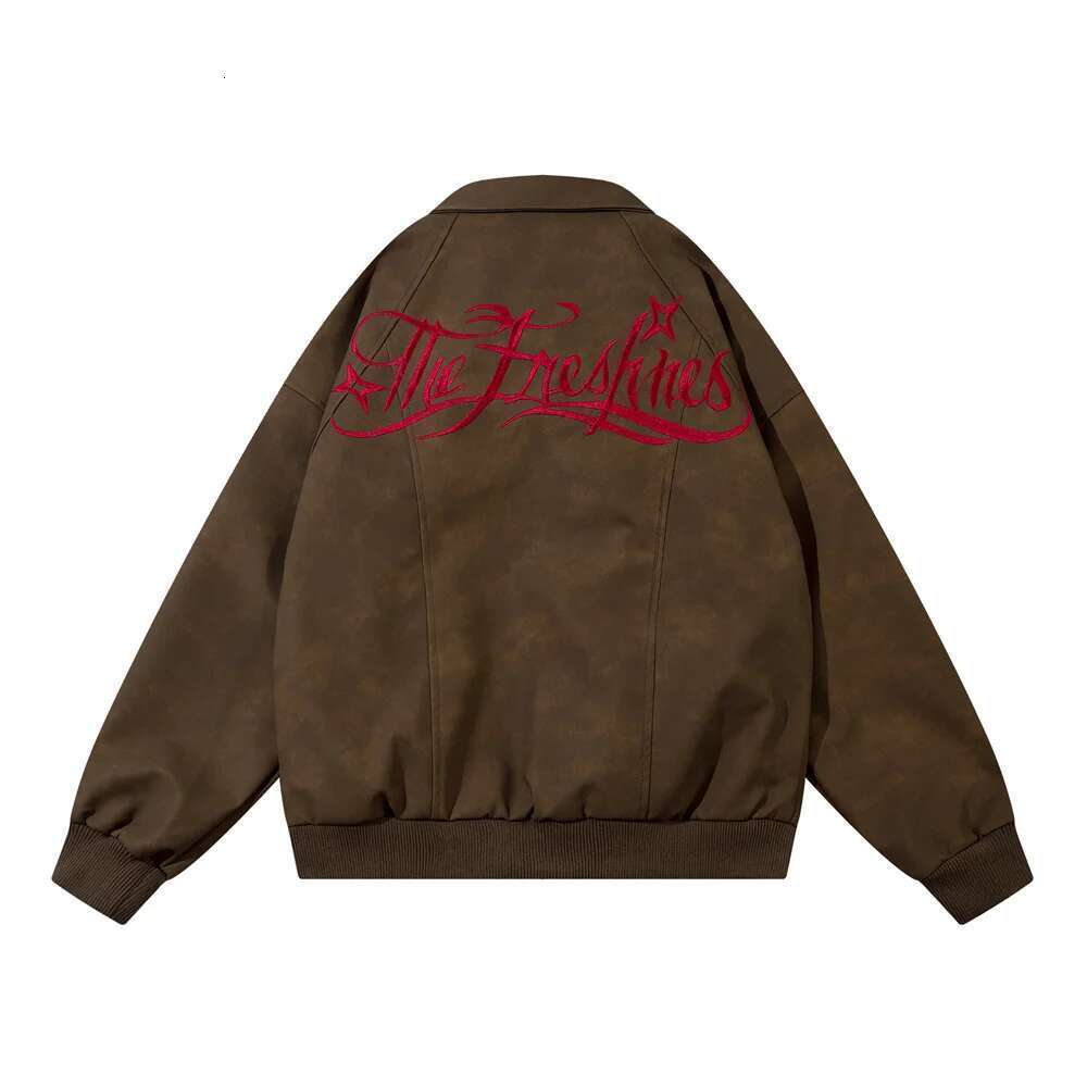 Letter Embroidery Spliced Leather Jacket Mens Retro High Street Autumn Winter Lapel Long Sleeve Outerwear Men