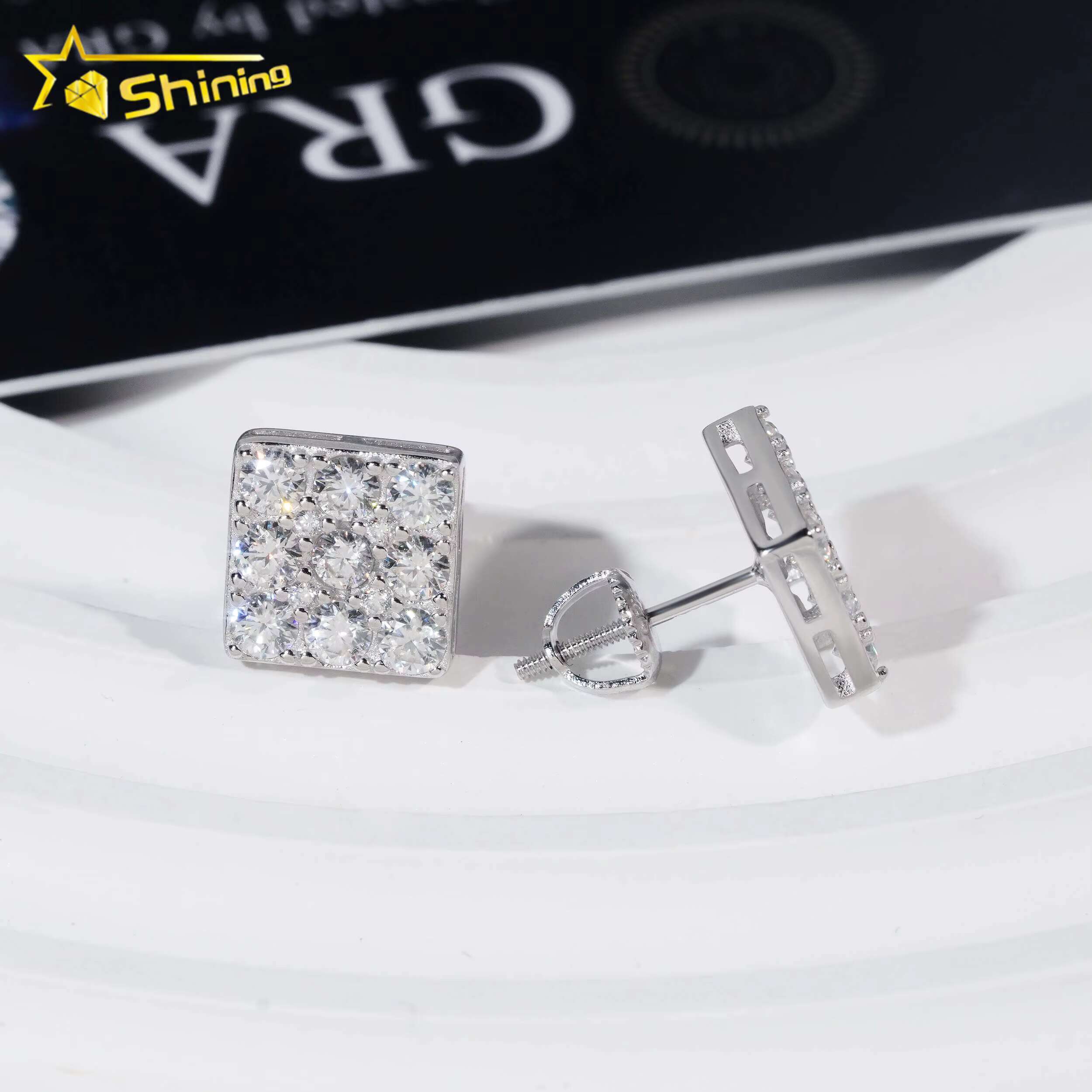 Pass Diamond Tester GRA Certified VVS Diamond 925 Sterling Silver Men Earring Square Moissanite Stud Earrings
