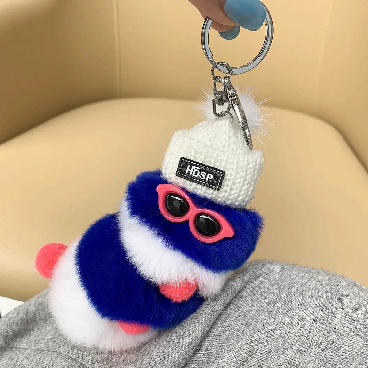 Cute colored plush caterpillar keychain with sunglasses soft rabbit fur animal canopy pendant keychain suitable for womens handbagsXJ250409