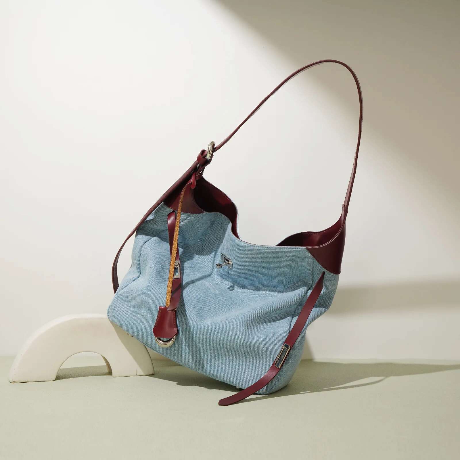New Cowhide With Denim Women's Tote Casual Fashion Shopping Large Capacity Ladies Shoulder Bag
