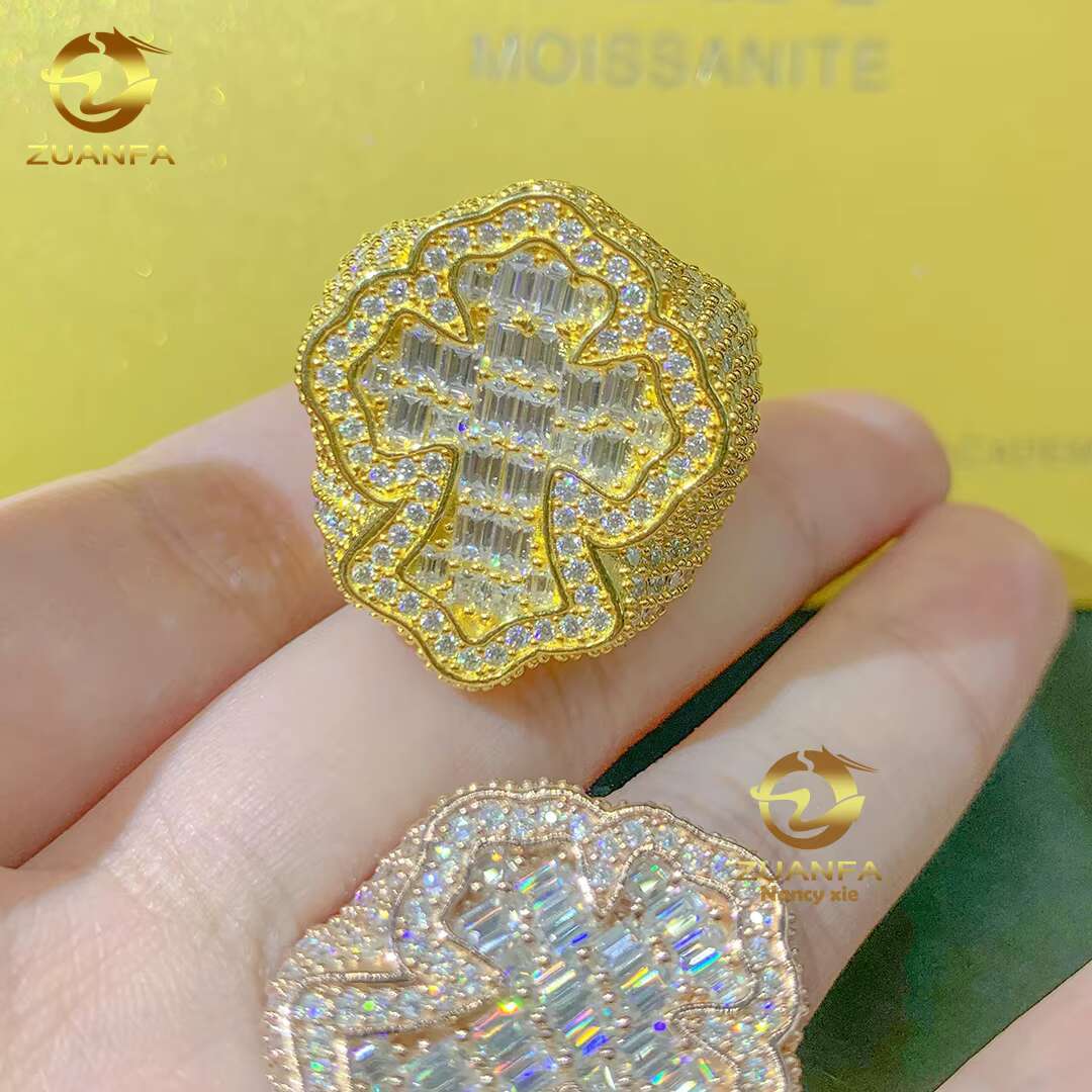 Fashion Cross Style Mans 925 Sterling Silver Ice Out Moissanite Diamond Hip Hop Rapper Jewelry Cuban Ring