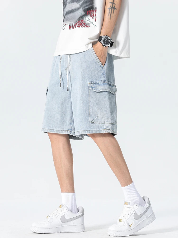 summer mens denim shorts light blue fashionable multi pocket loose casual cargo 92% pure cotton straight 250409