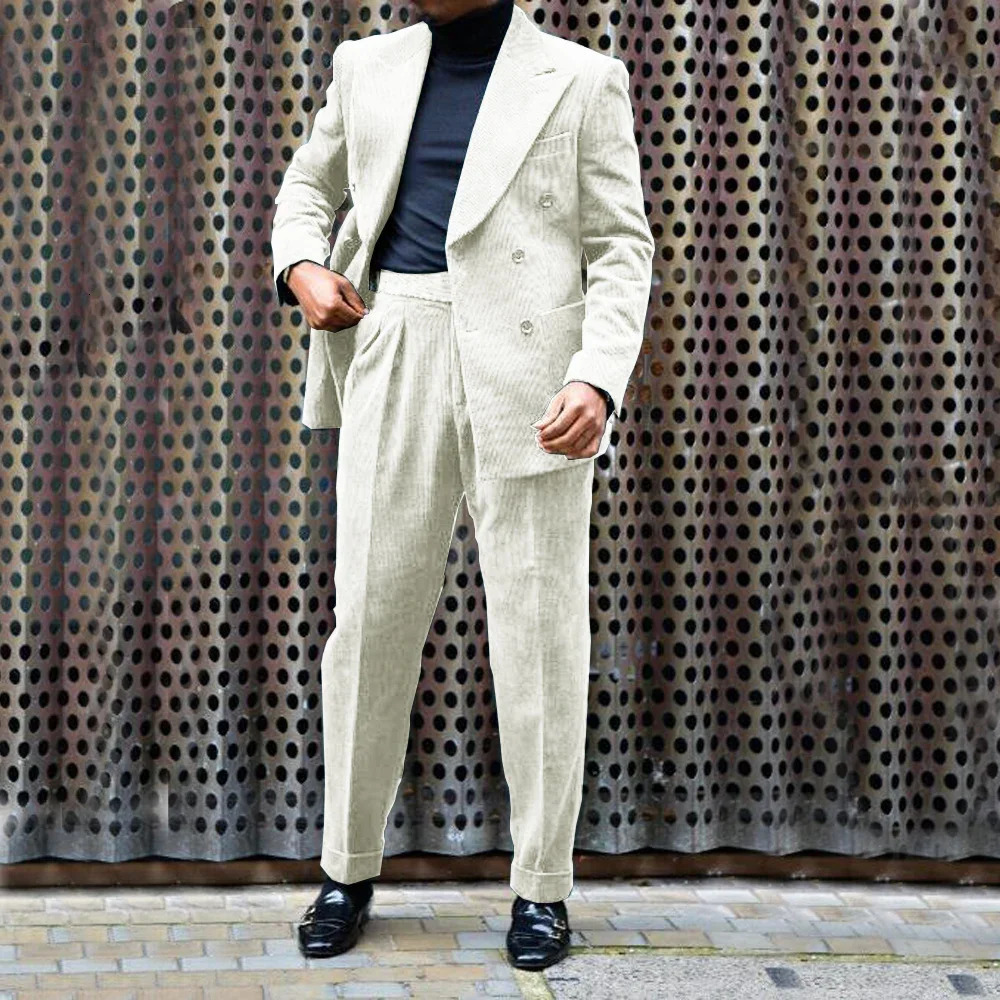 Mens Corduroy Suit Lapel 2 Piece Jacket Pants Double Breasted Party Casual Mens Wedding Outfit Full Suit 250408