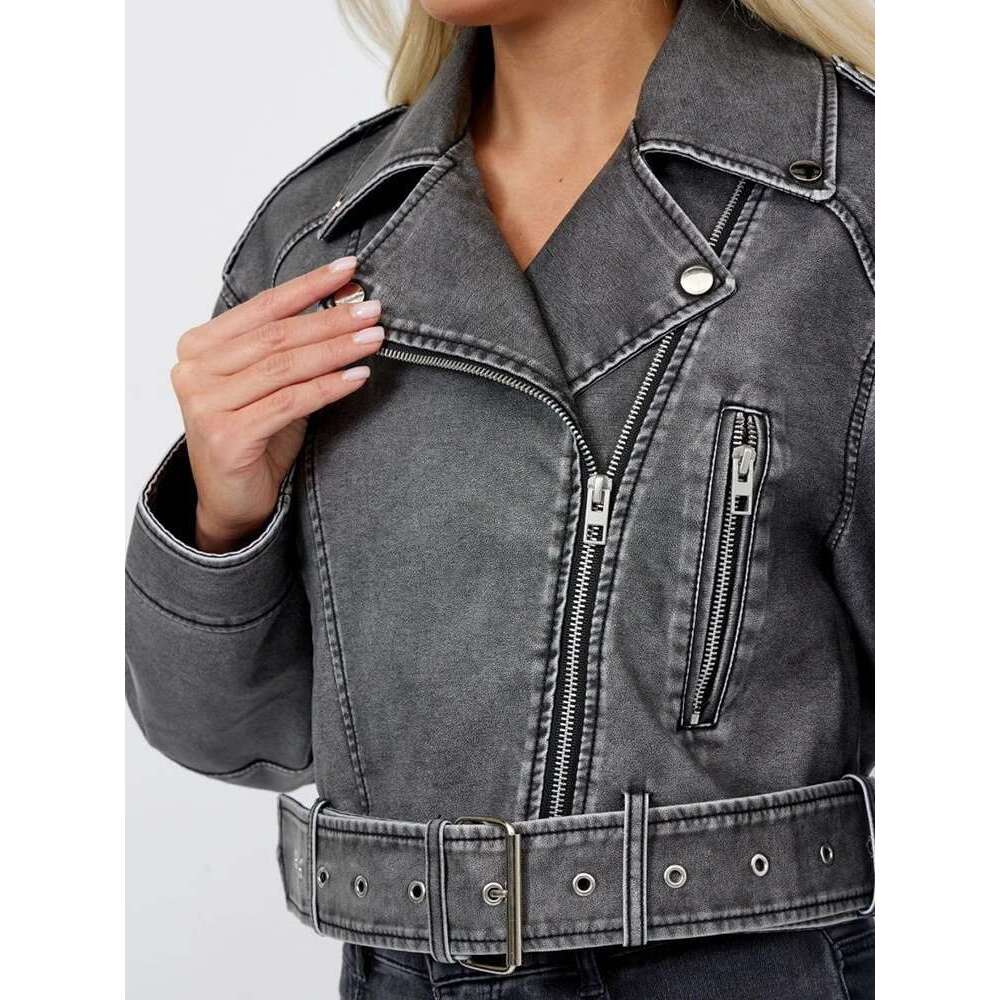Aigo Streetwear Women Loose Retro Zipper Faux Leather Short Jacket With Belt Vintage Female Moto Biker Coat Chic Outwear