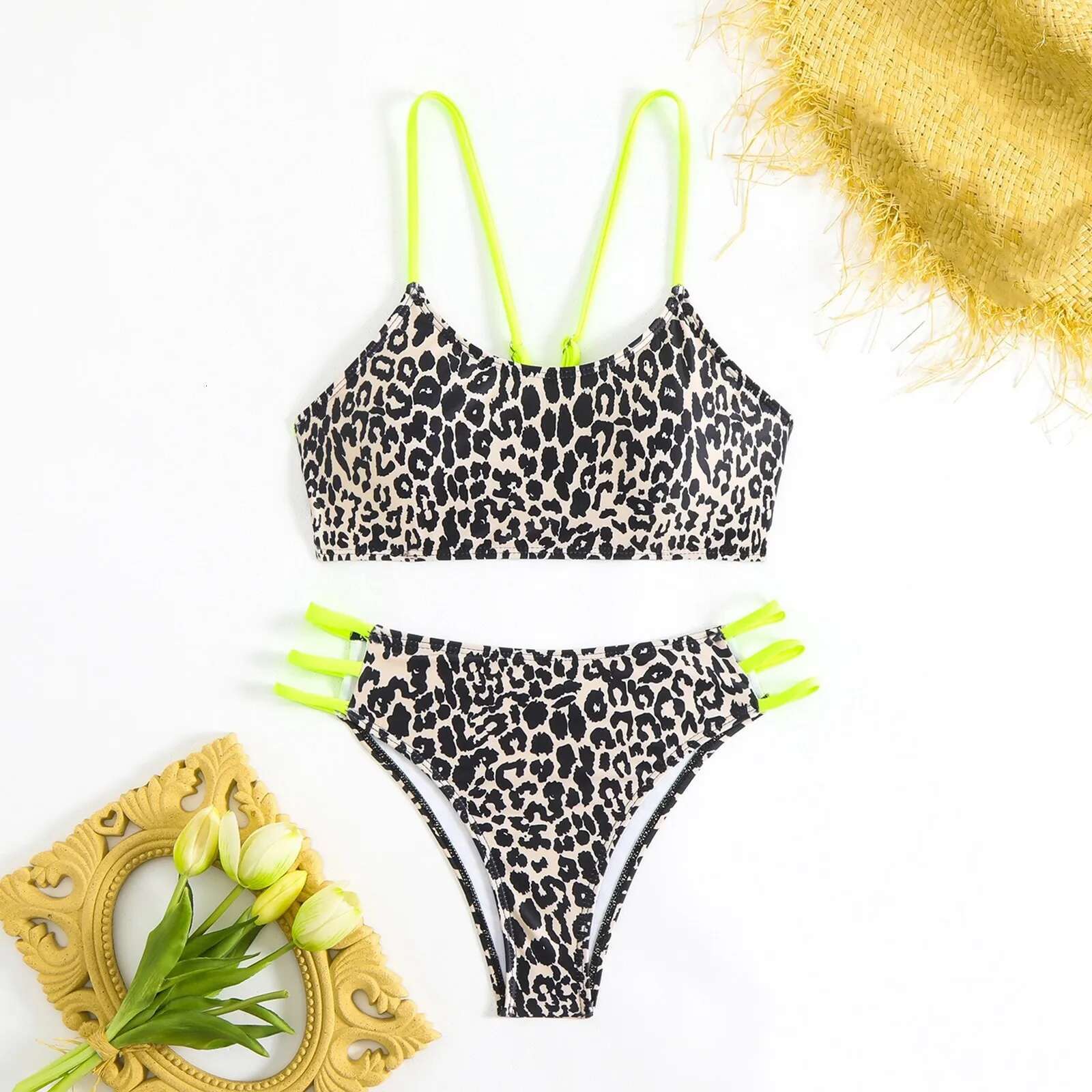 Dongdumaoyi Sexy Leopard Bandeau Bikini Push Up String Back Bikinis Women Brazilian Swimwear Ring Linked Bathing Suit Swimsuit Beach Wear