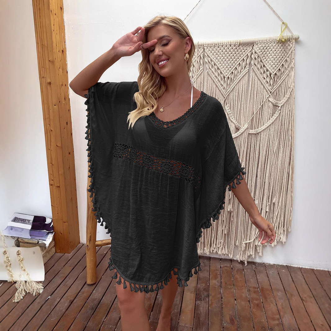Outdoor INS womens hand hook splicing tassel sexy mid length skirt loose womens dress