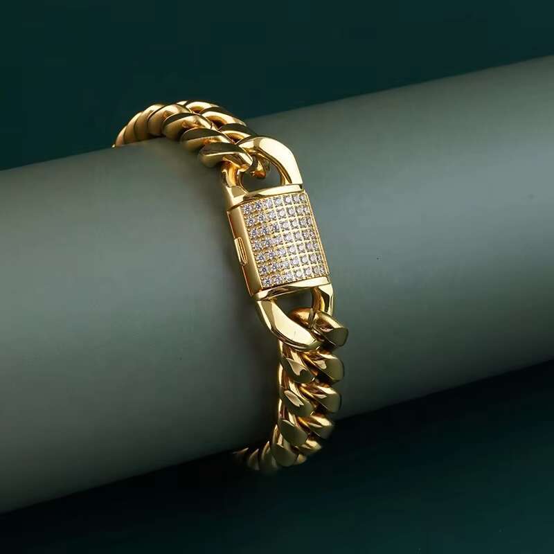 Cuban Link Bracelet Chains Stainless Steel Jewelry Miami Bracelets 18K Gold PVD Vacuum Plating CZ Diamond Button