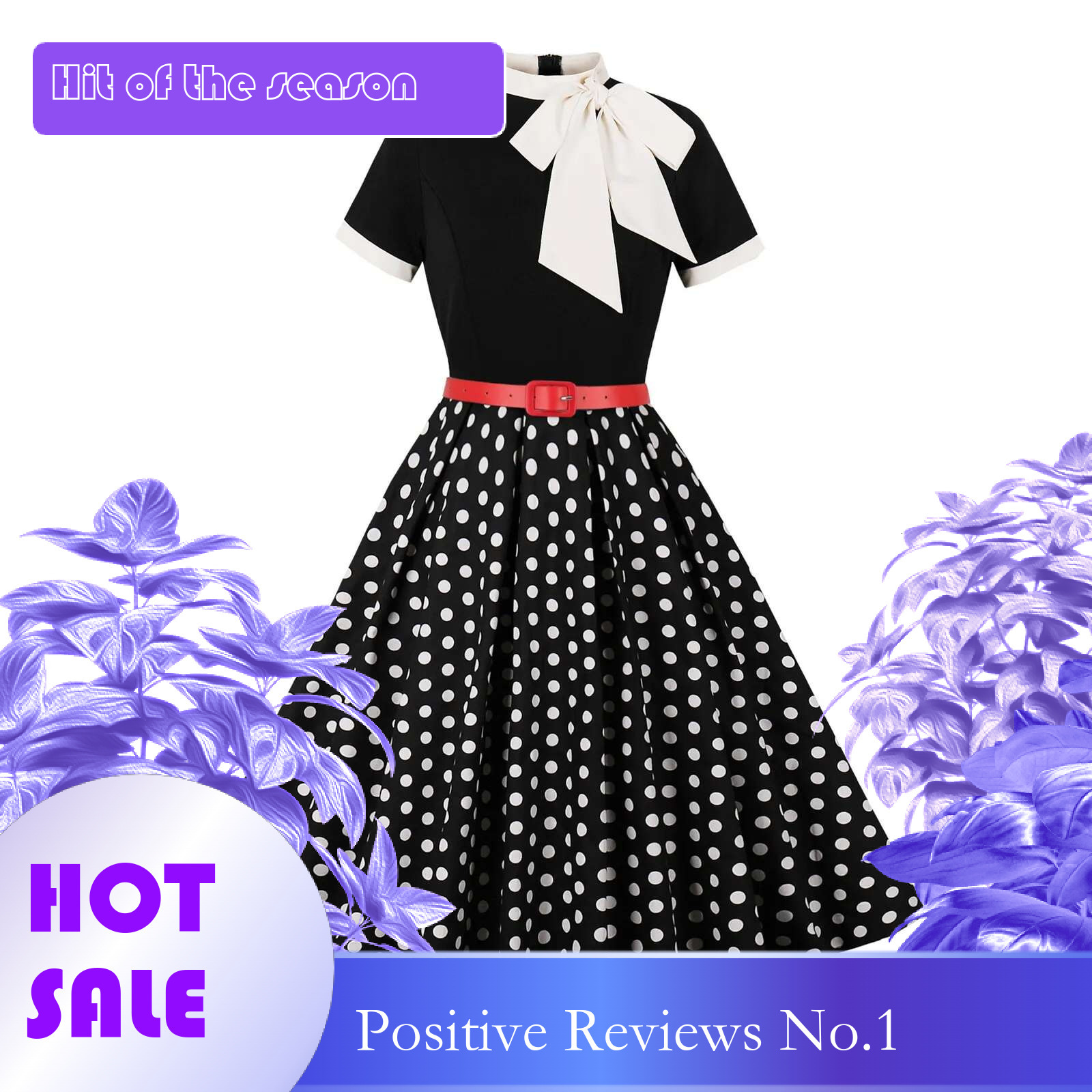 Dongdumaoyi Polka Dot Print Patchwork Bow Floral S Rockabilly Dress Summer Outfit Women Clothing Elegant Belted Pleated Vintage Dresses