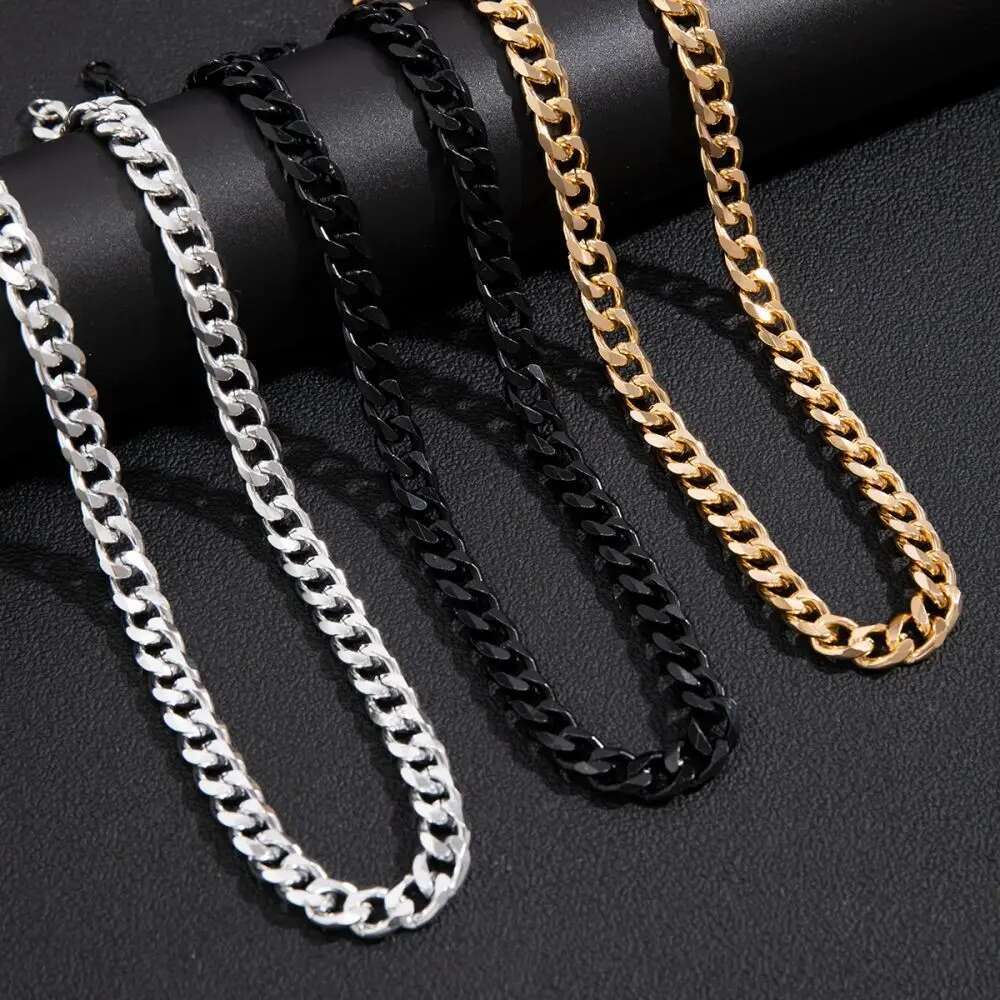 Simple Stainless Steel Cuban Chain Necklace for Men Gold Color/Black Metal Chain On The Neck Choker Jewelry Party Male DIY Gift