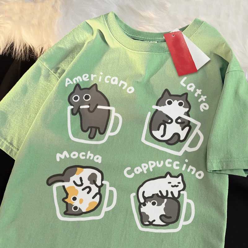 Cat Coffee Pure Cotton Trendy Summer Loose Short sleeved T-shirt Mens Original Mocha Latte Cat Three Flowers Fun Cat TeesXJ250409