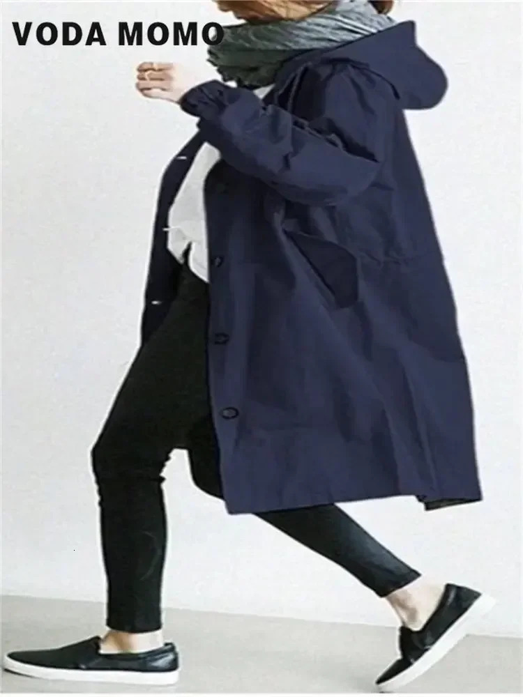 SpringSummer Casual Korean Fashion Hooded Medium length Coat Loose Windproof Womens Trench Solid Color Pocket 250409