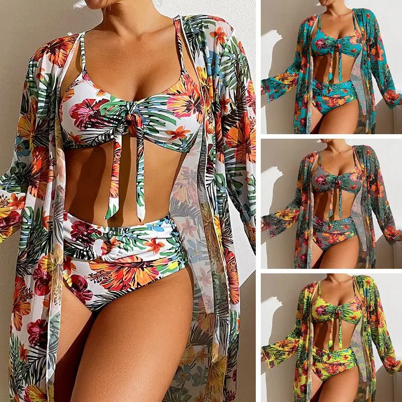 Size S3XL bikini three piece floral print swimsuit womens set mesh long sleeved shirt bra top with pad 250409