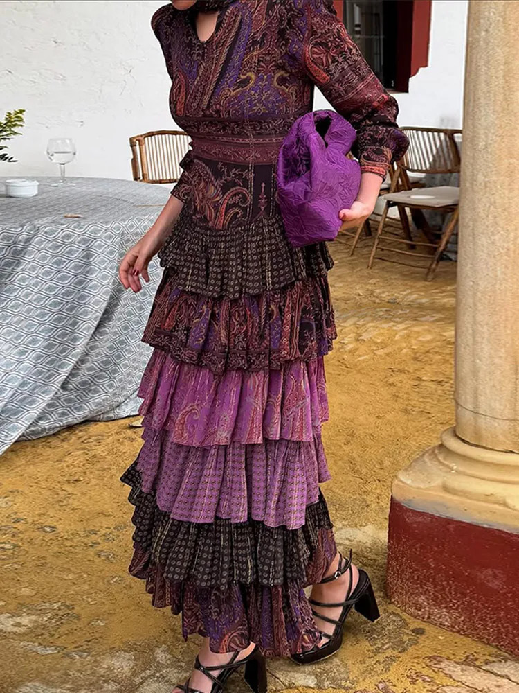 Color printed laminated pleated hem long skirt fashionable lantern sleeve Uneck dress womens vacation street vest 250409