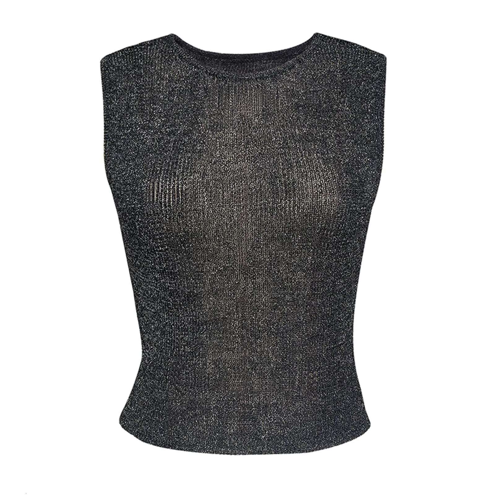 Dongdumaoyi Y K Women S Sleeveless Slim Fit Tops Casual See Through Vest Corect Sequin Scoop Neck Tank Top Glitter Outfits Women S Tight Underwear