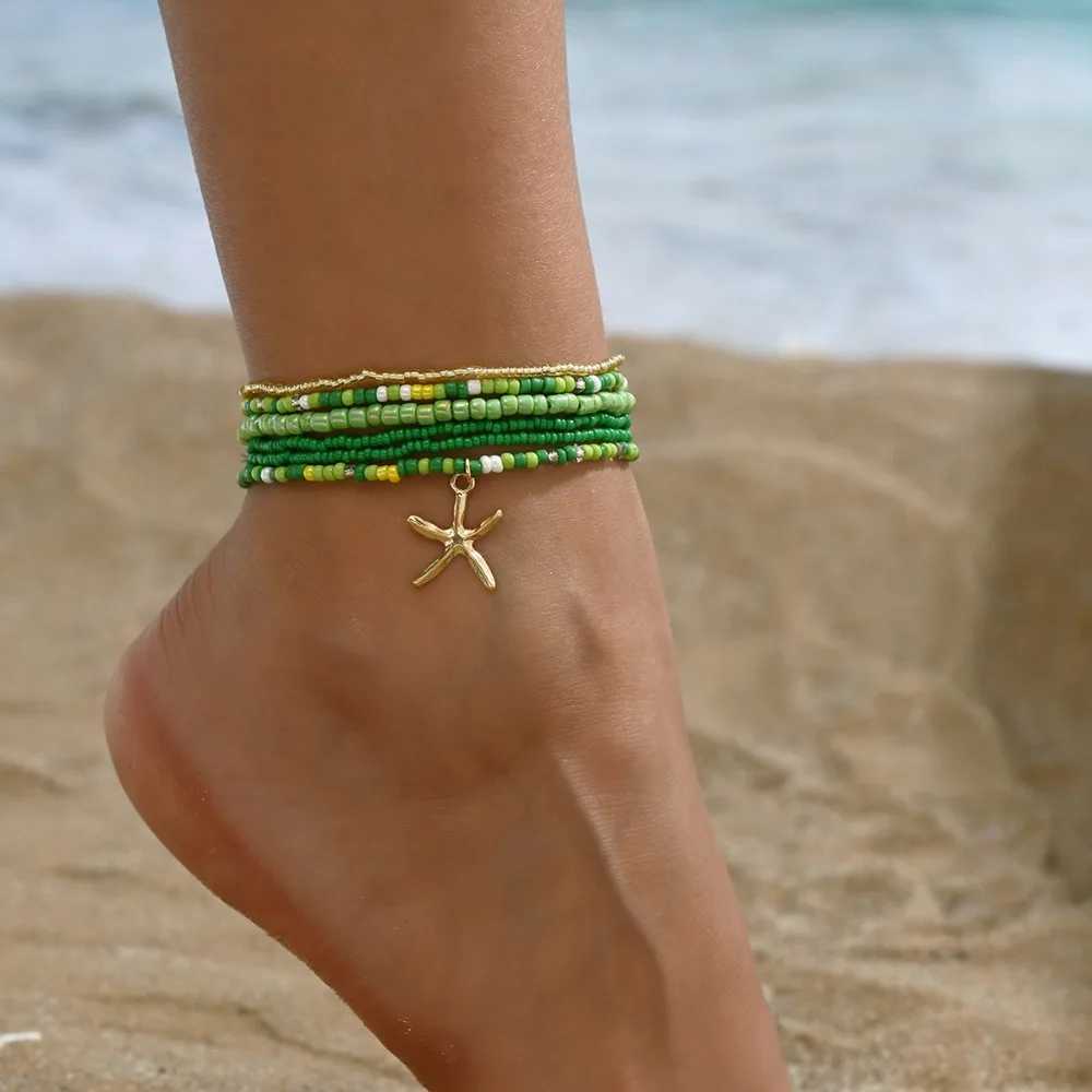 6pcs Set Summer Beach Acrylic Round Ball Beaded Starfish Anklet for Women Retro Trend Multilayer Foot Jewelry Holiday Accessory Z250408
