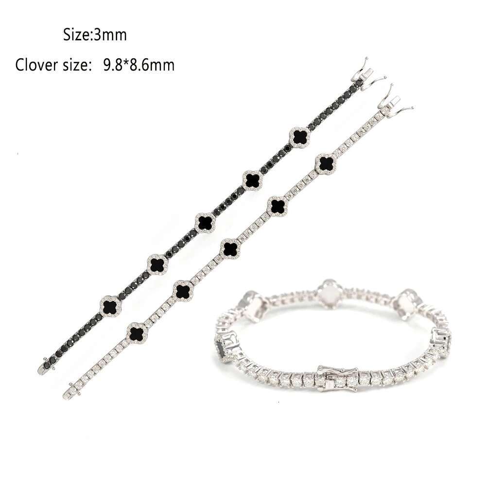 3mm Moissanite Black Agate Clover S925 silver Tennis Chain Bracelet Iced Out for Men Fashion Hip Hop Jewelry Pass Diamonds Teste