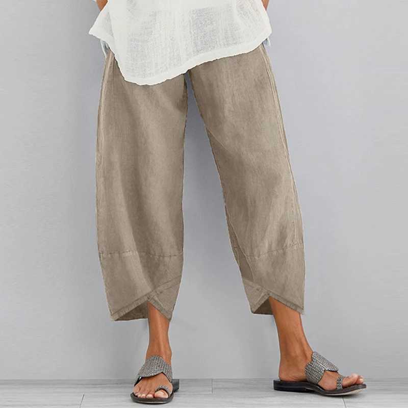 Womens harem pants retro cotton linen elastic waist wide leg Trouser Fe casual solid pocket loose cut pantsXJ250403