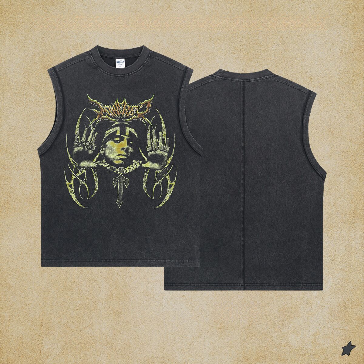 2025 New Product Wax Grinding Edge Shoulder Digital Printing Men's Tank Top Splicing Water Washed Sleeveless T-shirt Men