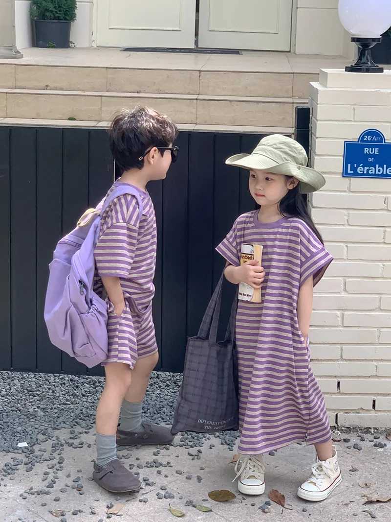 Milanker summer childrens clothing suit striped T-shirt and shorts boys casual suit girls long skirt brother sisters clothing S2548