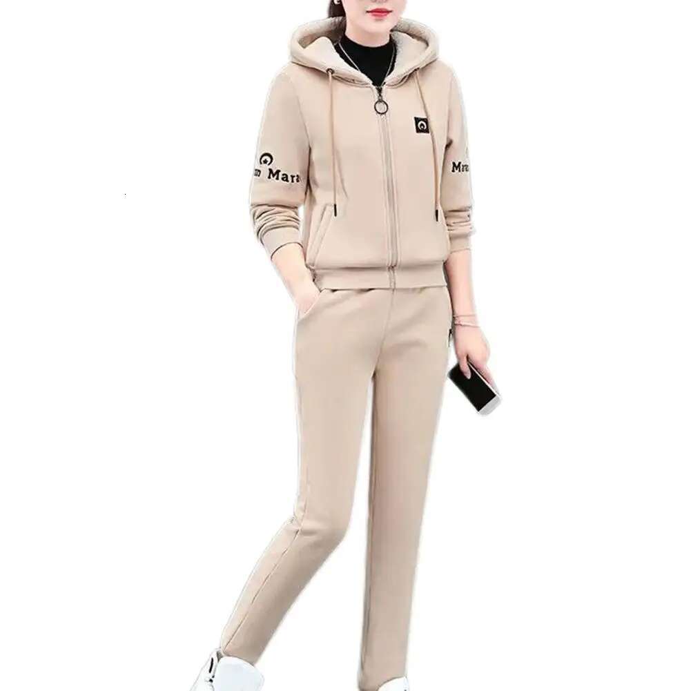 2 Pcs/ Hoodies Pants Hooded Plush Warm Drawstring Sports Coat Suit Tracksuit Women Running Set Jogger