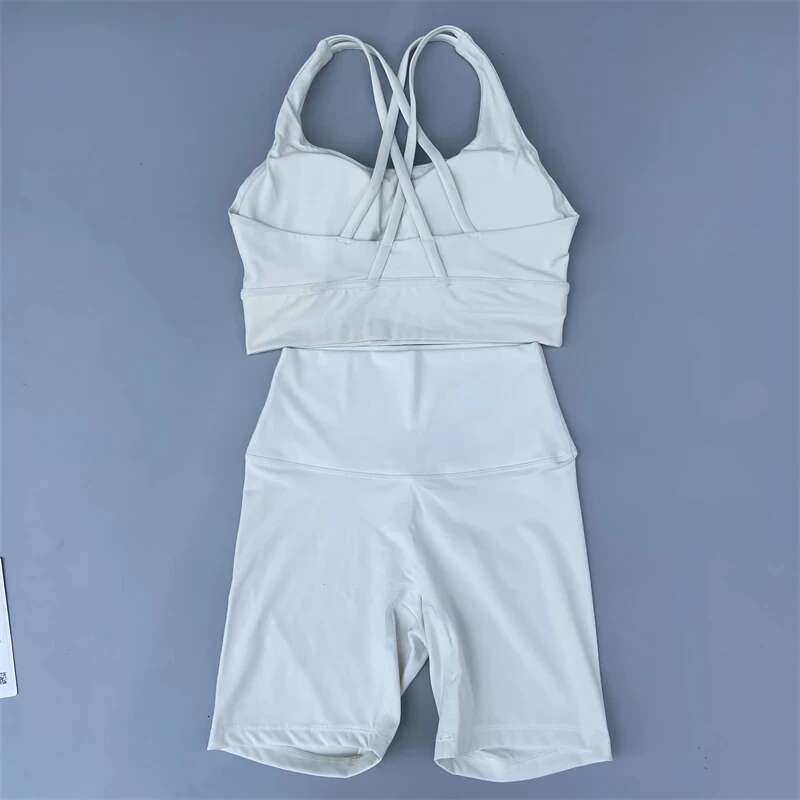 Solid Color soft gym Yoga Set short Legging +cross sport bra Tracksuit Women Gym Suit Comprehensive Training Jogging Athletic