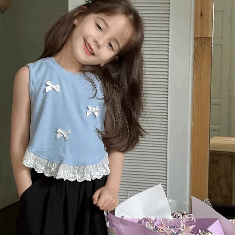 Ddmyshoesvip Girls Korean Version Bow Vest Summer Outfit New Children S Sweet Patchwork Lace Sleeveless T Shirt Top Trendy