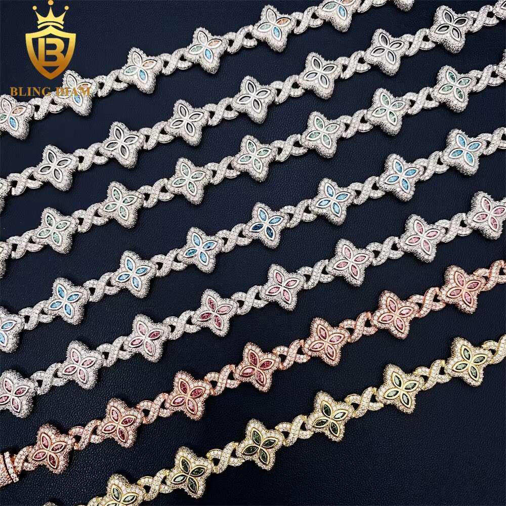 15mm New Marquise Flower Design Colorful 925 Sliver Hip Hop Jewelry Iced Out Cuban Link Moissanite Bracelet
