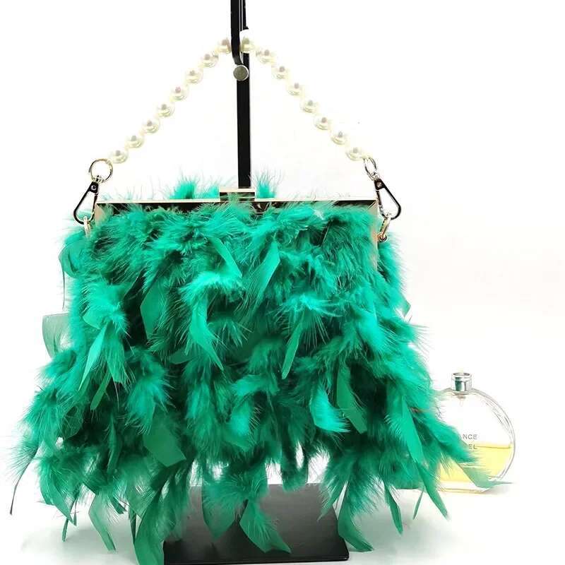 Fairy Feather Evening Winter Fashion White Purse Pearls Beading Chain Shoulder Bags Runway Tassel Sweet Furry Clutch Bag