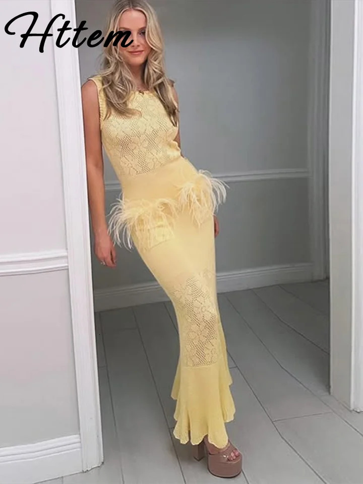 Sexy Knitted Long Sleeve Womens Ultra Thin ONeck Patch Work Clothes Sleeveless Beach Mermaid Dress Summer Party Robe 250409
