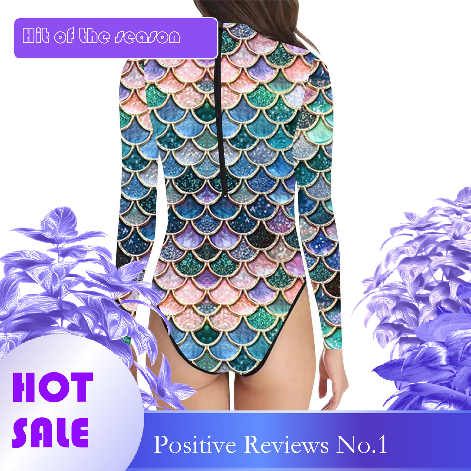 Dongdumaoyi D Digital Print Fish Scale Long Sleeve Swimsuit For Women Beach Vacation Swimwear Sexy Sheer Bikini One Piece Bathing Suit