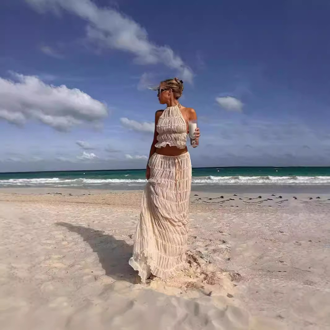 2024 Spring/Summer New Fashionable Sexy Bareback Hanging Neck Strap Chiffon Lace Long Skirt Womens Dress