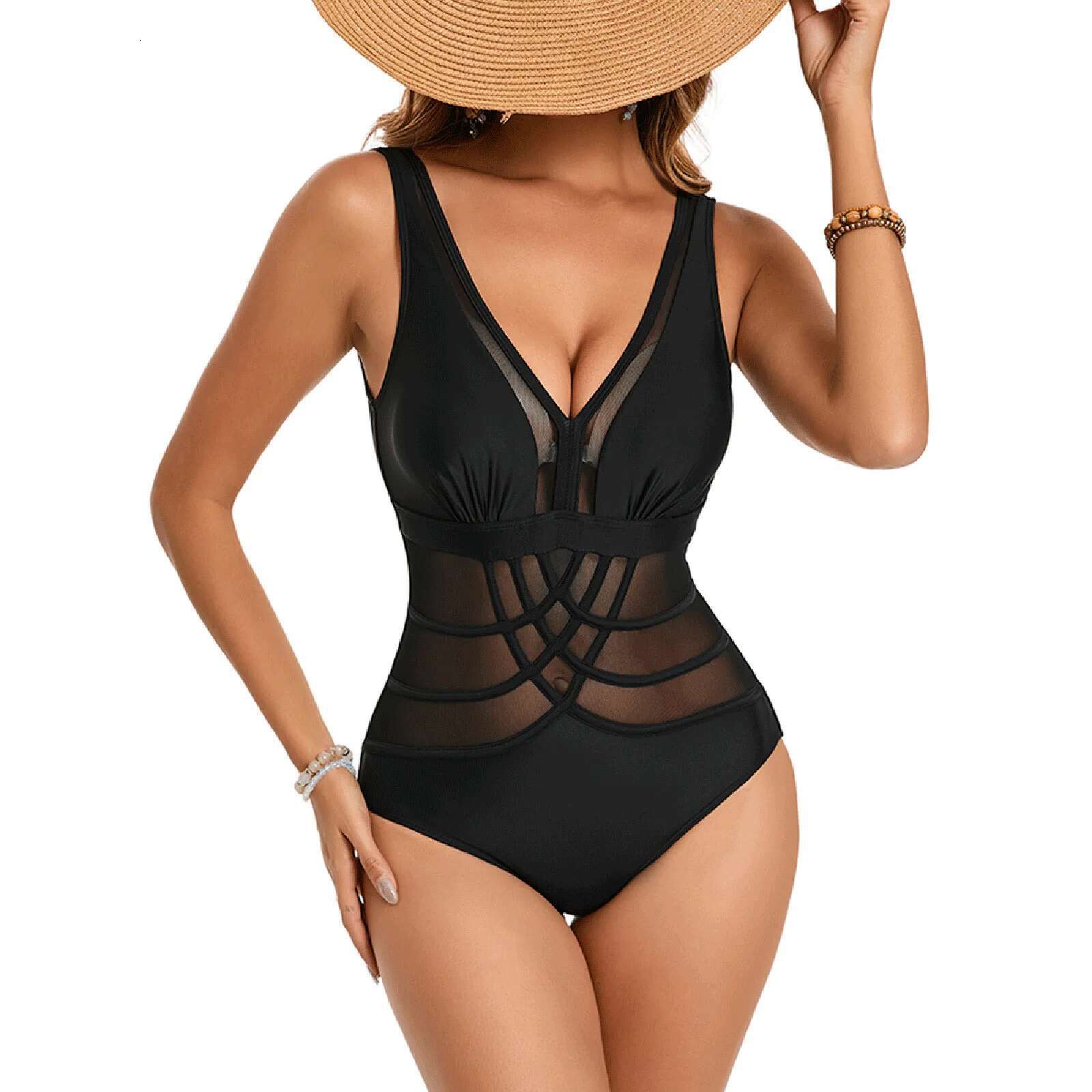 Dongdumaoyi Sexy Black One Piece Swimsuit Women Deep V Neck Hollow Backless Slim Fit Beach Bathing Suit Lace High Waist Swimwear