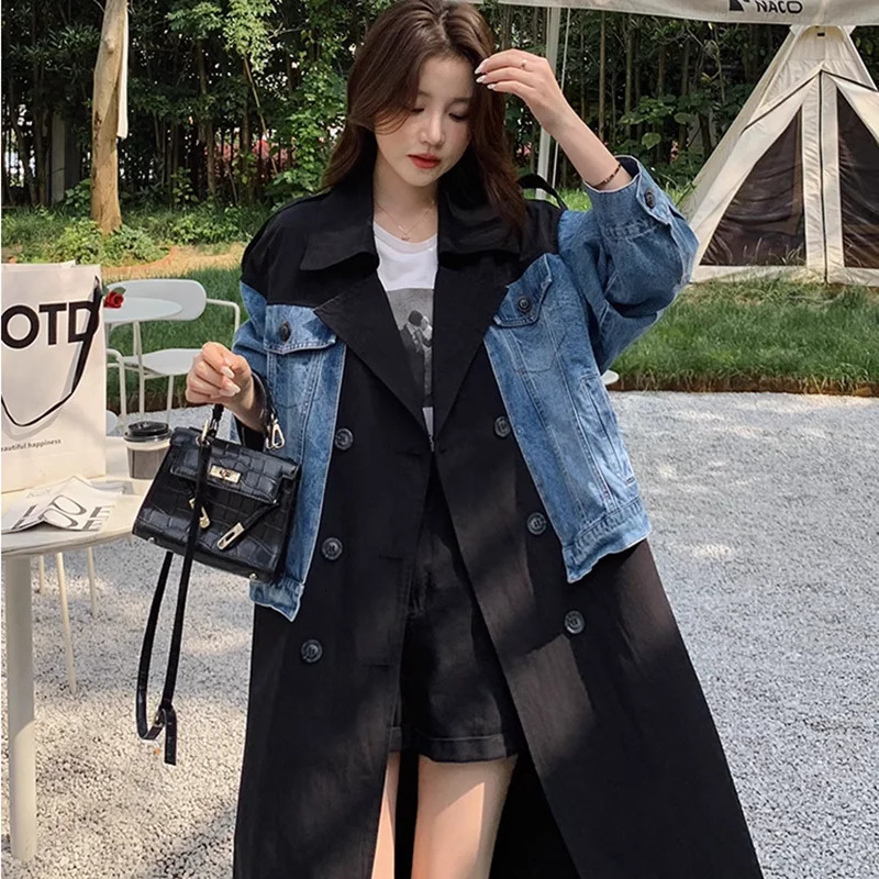 Trench Coat Womens Spring Autumn Large Windproof Machine Fashion Splicing Cowboy Long Student Casual Saco 250409