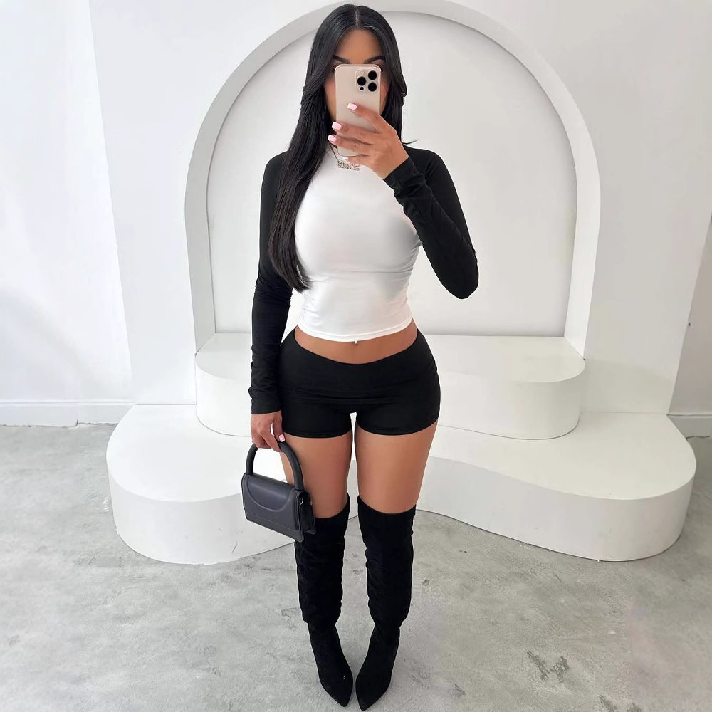2025S Designer Women S Set New Fashion Trend Simple Contrasting Color Elastic Slim Fit Short Sleeved Versatile Top Shorts Set