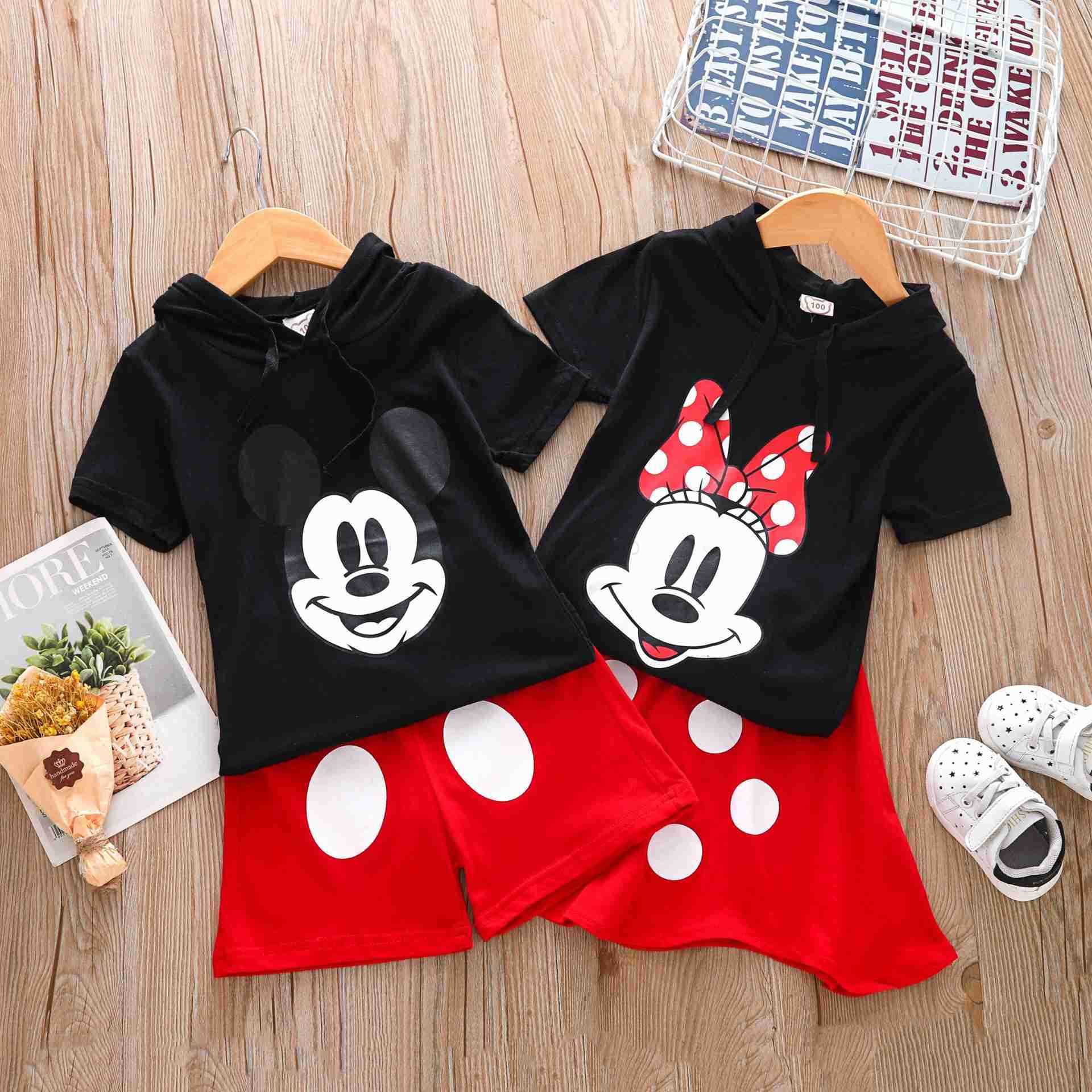 Disney Summer style new boy and girl Mickey Mouse hooded short sleeved shorts skirt set two-piece kindergarten uniformXJ250409