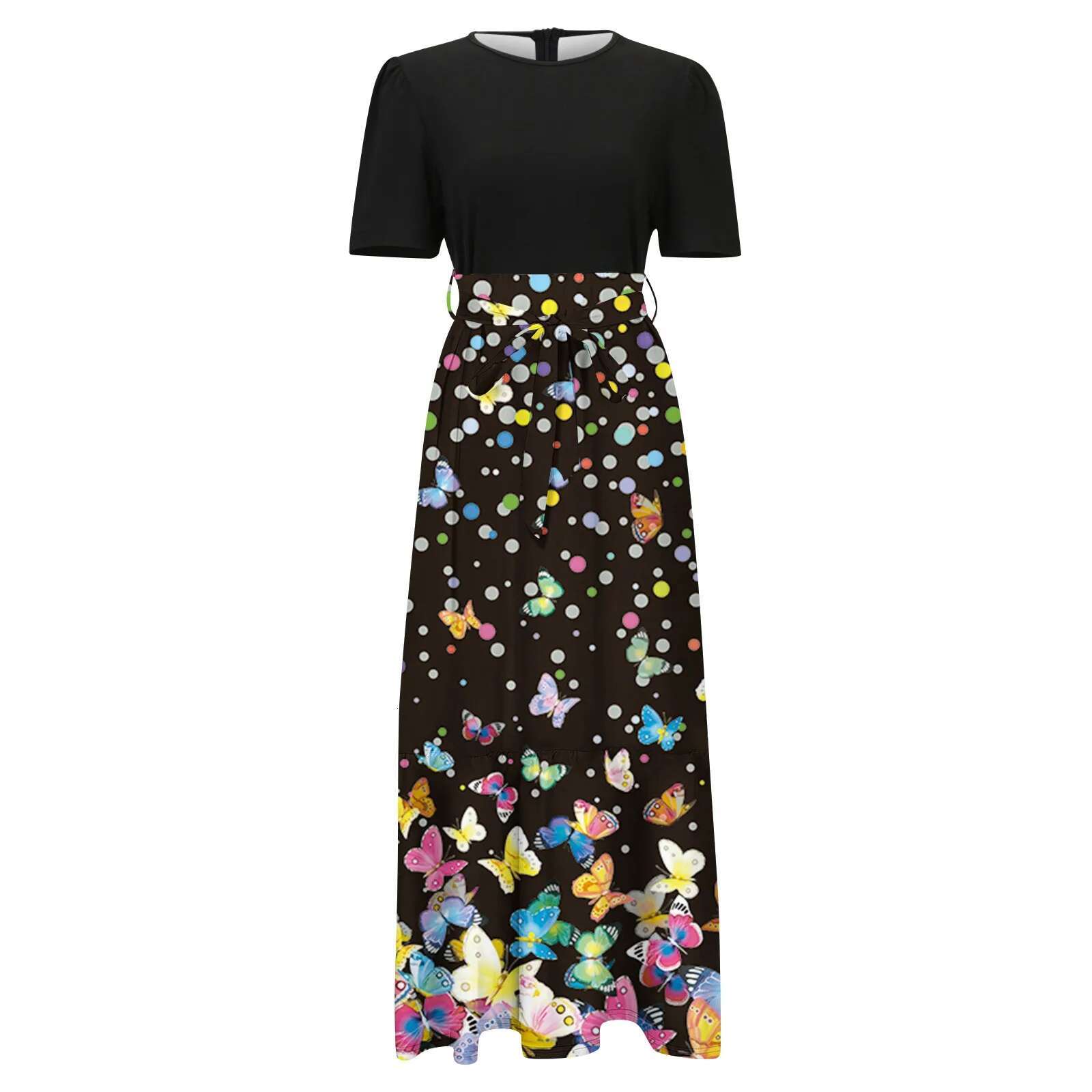 Dongdumaoyi Summer Dresses For Women Butterfly Print Short Sleeve Maxi Dress Patchwork Ruffle Hem A Line Sexy Black