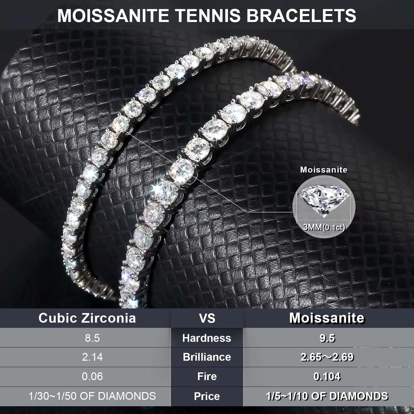 925 Sterling Silver Moissanite White Gold Plated Chain Sparkling 3MM VVS1 GRA Wedding Brides Jewelry Tennis Bracelet for Women