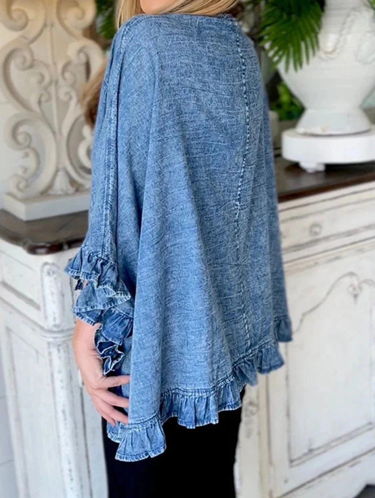 Retro Cute Solid Splicing Pocket Denim Jacket Womens Fashion Street Clothing Flip Collar 34 Sleeve Ruffle Cardigan Loose Coat 250409