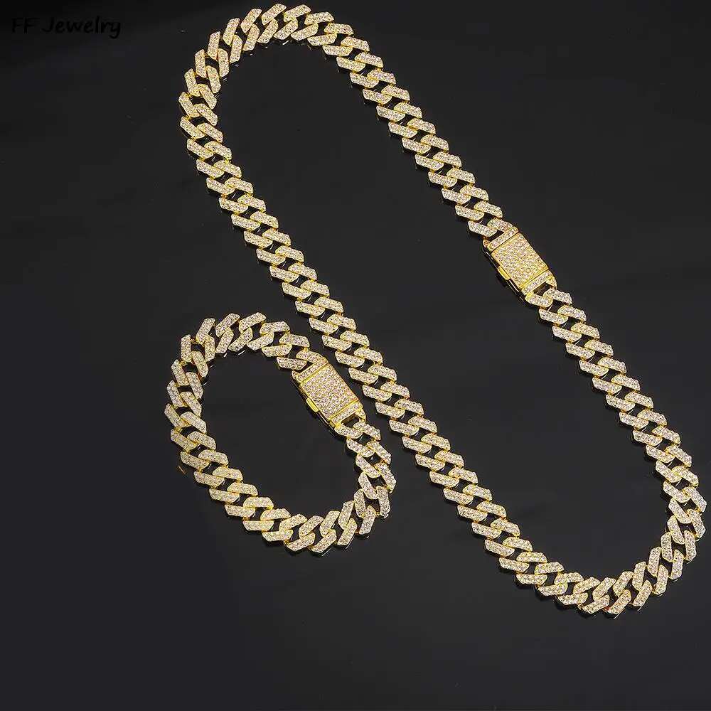 12mm set of Men Women Hip Hop Iced Out Bling Prong Cuban Chain Necklace Paved Rhinestone Link Chain Choker Necklace Men Jewelry