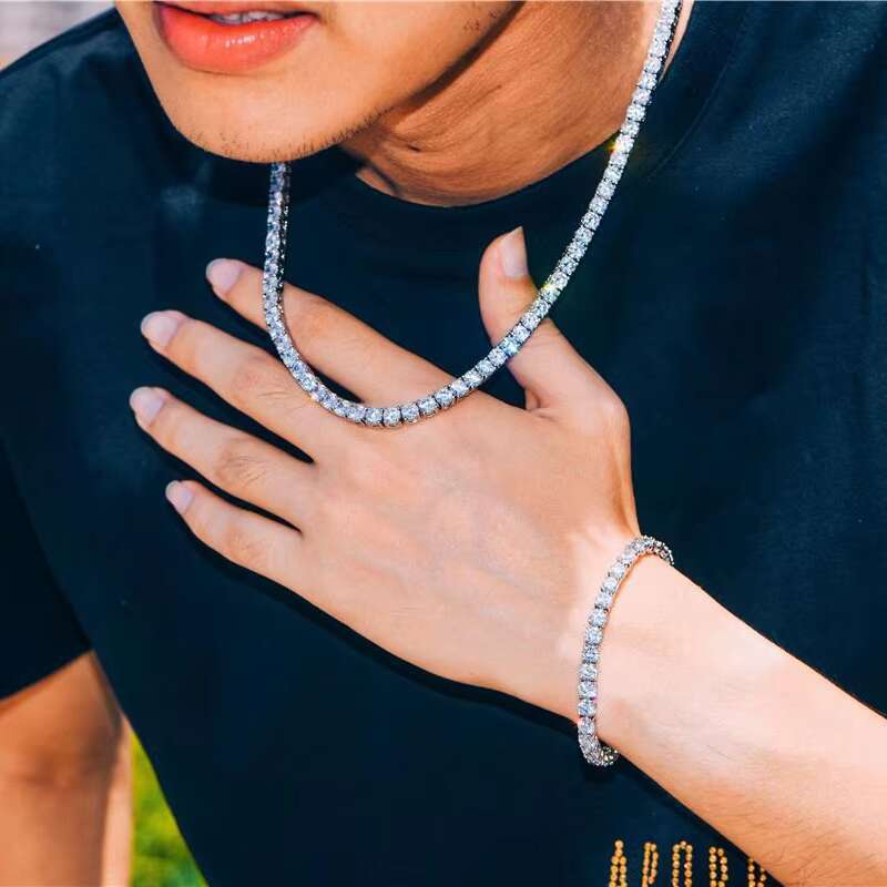 Dropshipping Link Chain Hip Hop Men Bangle Tennis Moissanite Bracelet Sterling 925 Silver Jewelry 1 Piece Gold Plated
