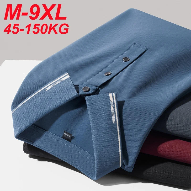 Men Polo Short sleeve 2025 Summer Plus Size 9xl 8xl 7xl High Quality Ice Silk Solid Color Mens Business Casual Polo Shirts 250407