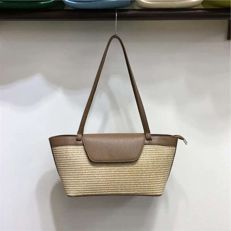 Meet You Summer Trend Retro Straw Large Capacity Patchwork Leather Tote 2025 Female Bohemian Travel Beach Bag