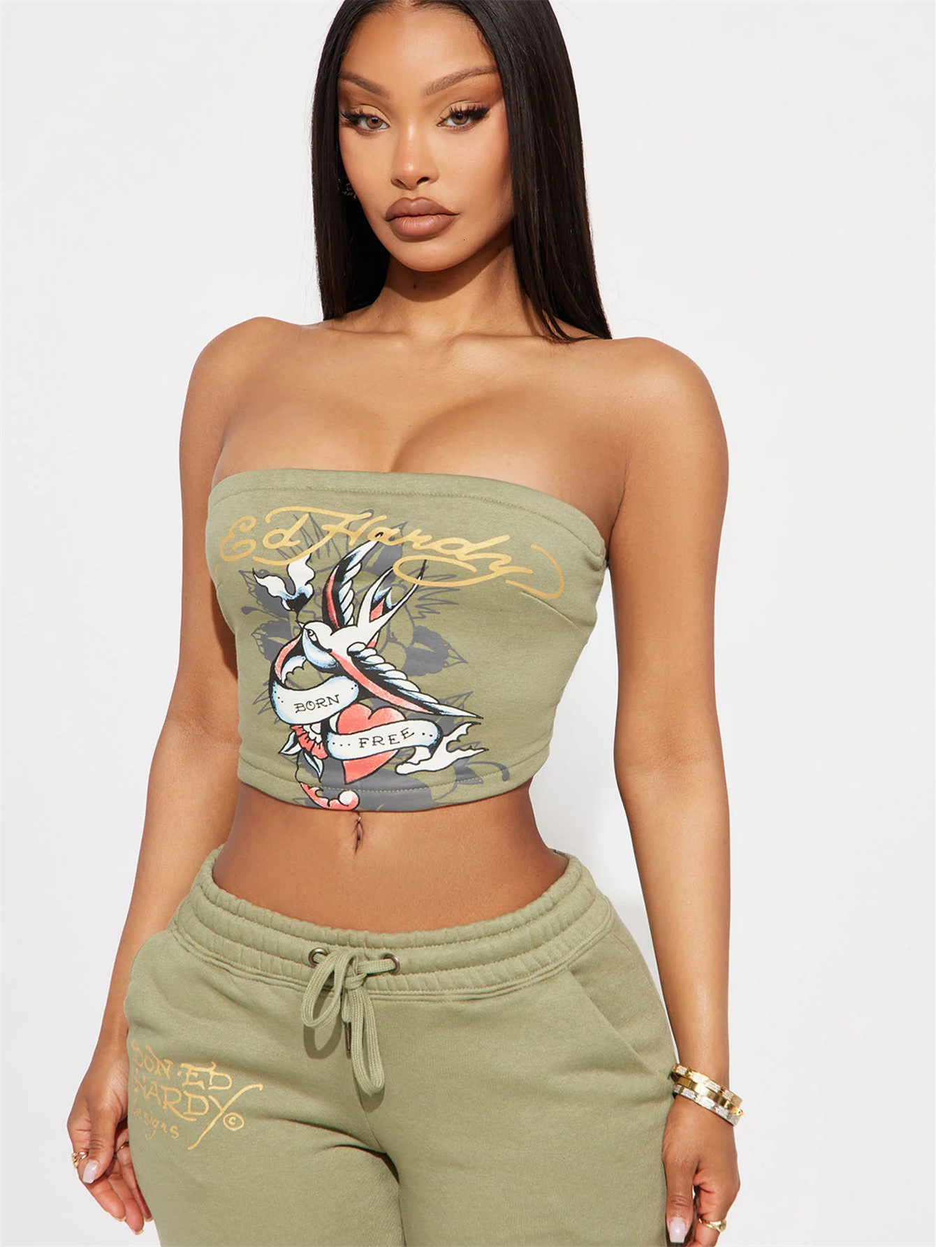 2025S Designer Women S Set New Sexy Trendy Brand Printed Strapless Exposed Navel Top With Waist And Hip Pants Set