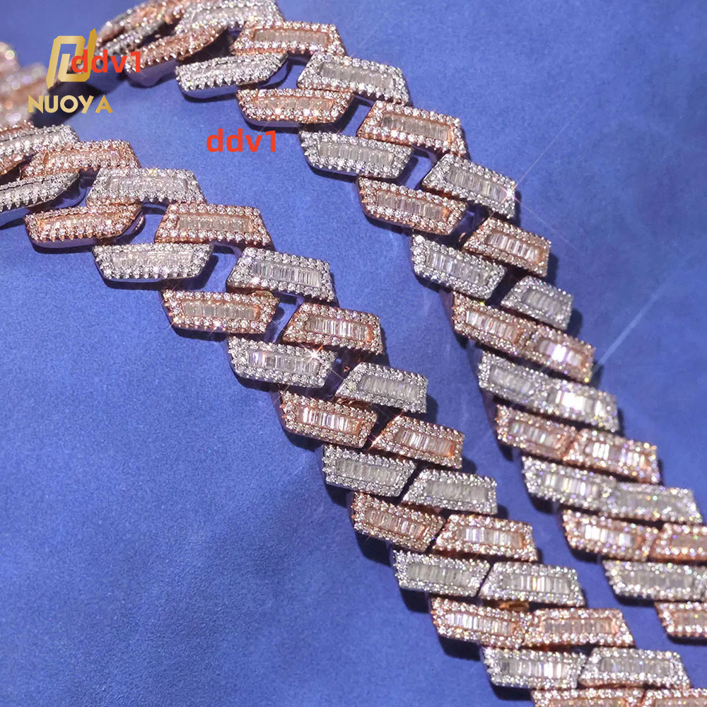 NUOYA 925 Sterling Silver Iced Prong Cuban Chain Necklace Hip Hop Bling Baguette Moissanite Diamond Cuban Chain Womens Jewelry