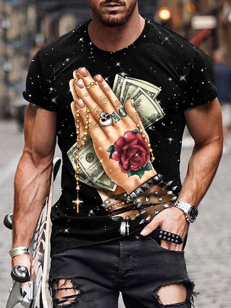 Summer rap hip-hop T-shirt mens T-shirt city street fashion short sleeved top daily casual T-shirt bank printed mens T-shirtXJ250409