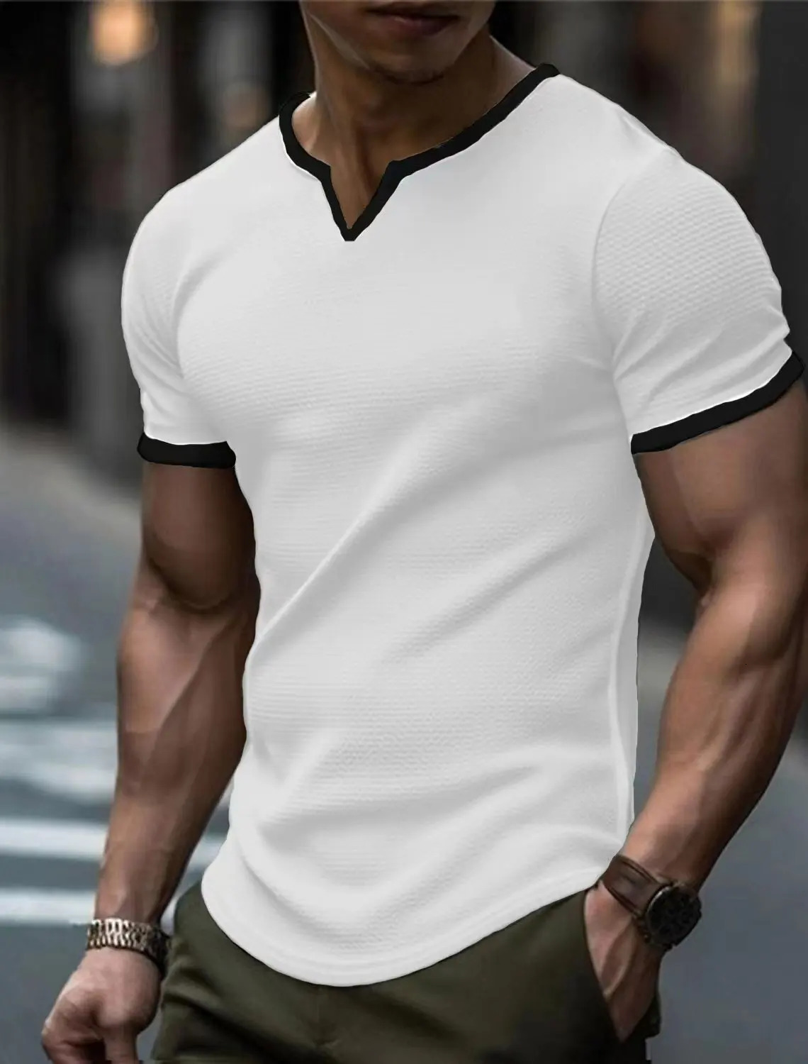 Mens T-shirt V-neck waffle solid color short sleeved loose top mens solid color patch work casual ultra-thin T-shirt 250402
