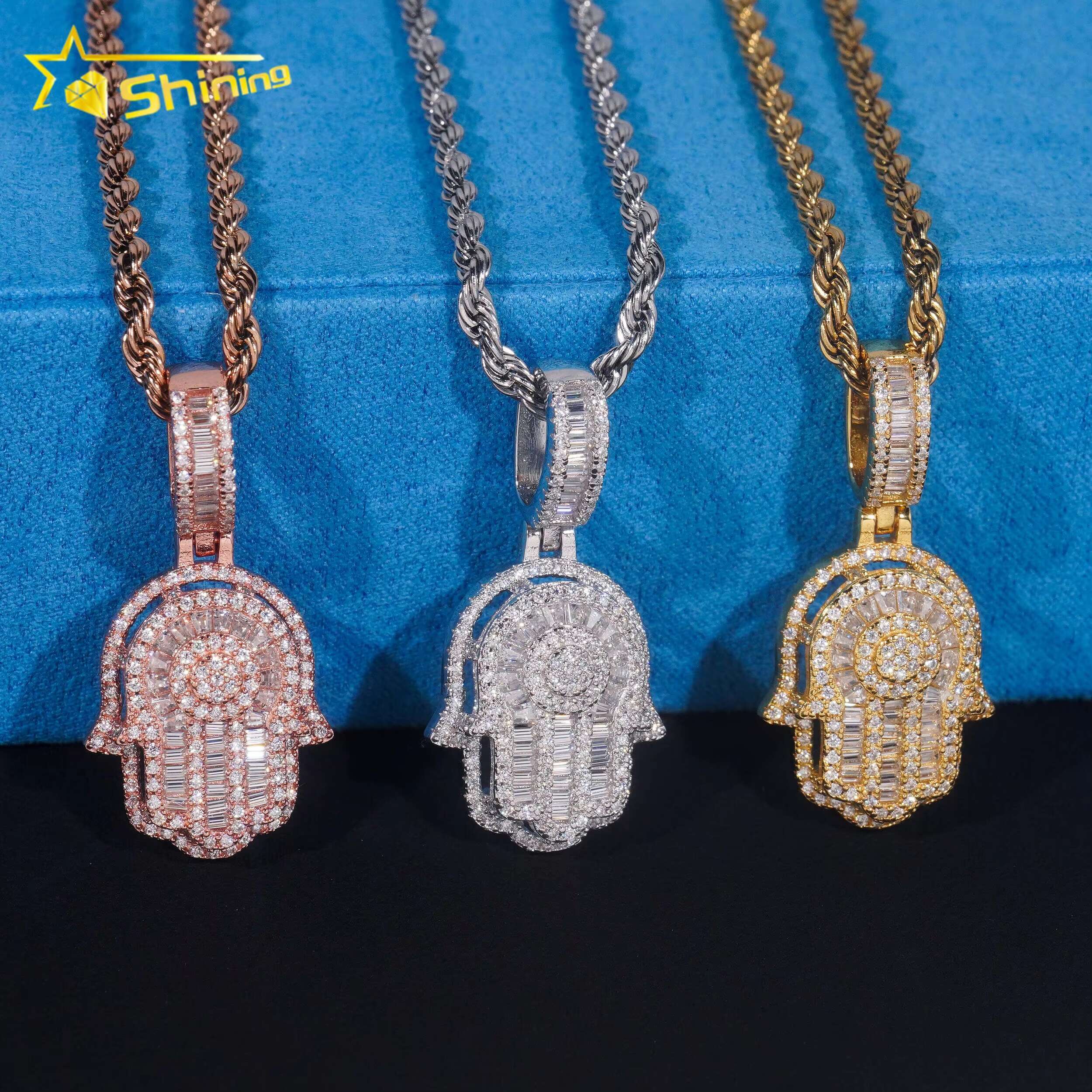 New Fashion Jewelry Hip Hop Jewelry S925 Gold Plated Cute Charms Two Layer Gra Certificate baguette Moissanite Men Hamsa Pendant