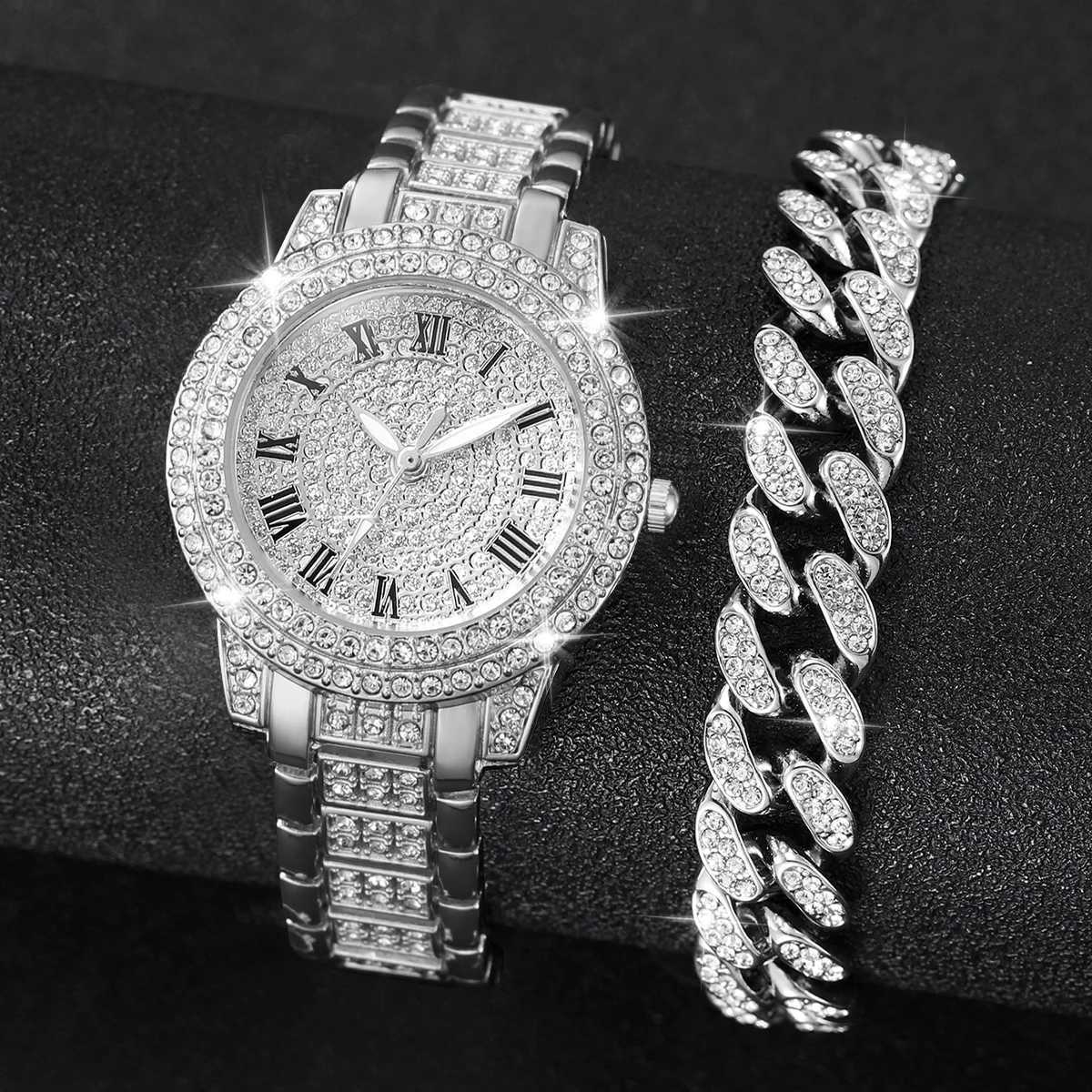 2PCS Fashion Diamond Womens Watch Gold Watch Womens Watch Luxury Water Diamond Womens Bracelet Watch Relogio FemininoXJ250408