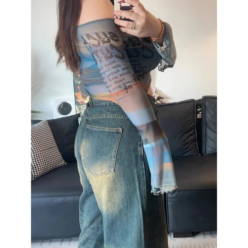 2025 SpringSummer American Retro Style Washing Distressed Straight Mop High Waist Womens Jeans Four Seasons 250407