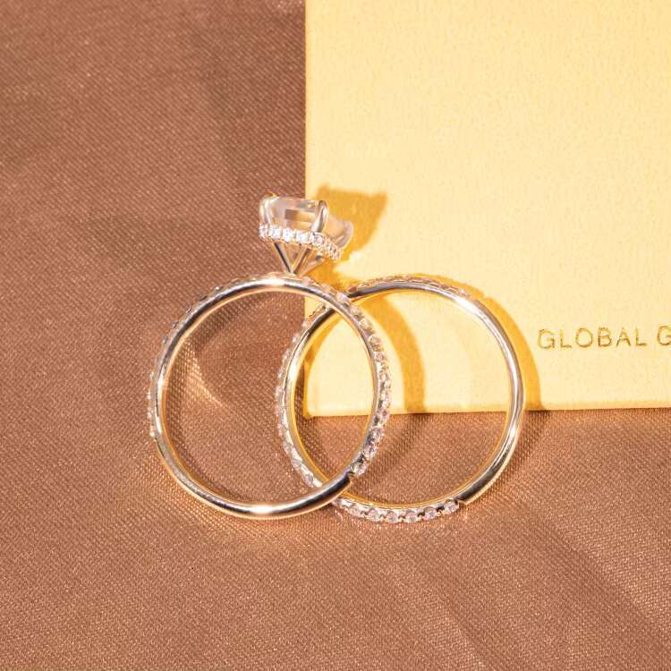 Fashion 2CT Emerald Cut Hidden halo 10K Gold Moissanite Diamond Ring with Eternity Wedding Band Jewelry Set